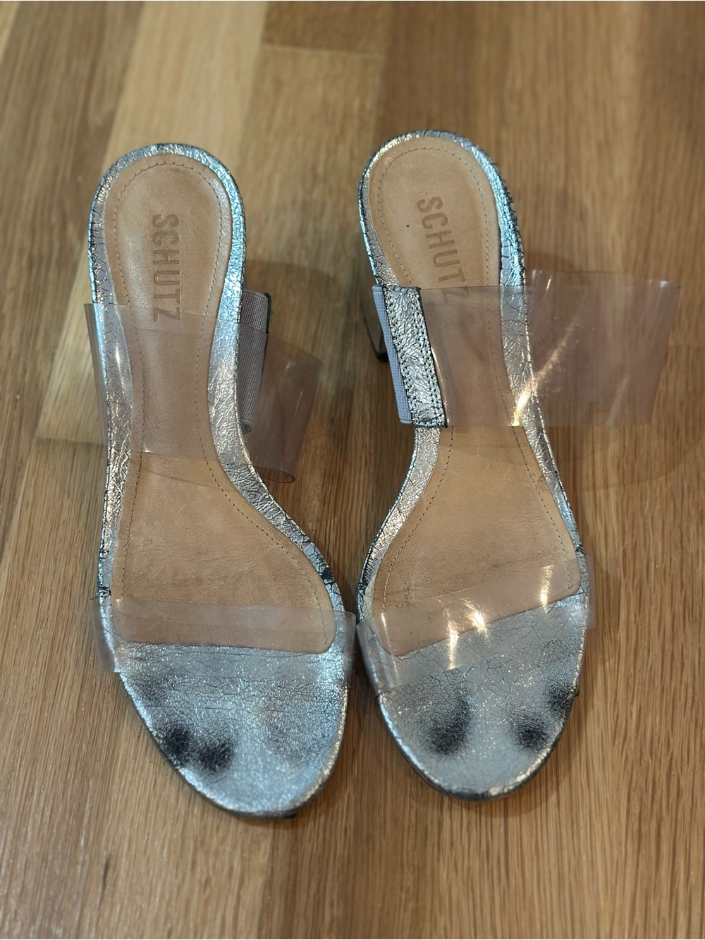 Schutz Clear PVC Silver Metallic Block Heel Mules Size 8.5